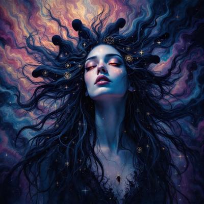 The primary subject of the image is a woman with long, dark hair. She is wearing a black dress and has a starry background. The visual style of the image is digital art, and the colors and mood are predominantly dark and mysterious.